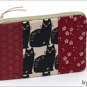 Schminktäschchen/Universaltäschchen aus japanischen Stoffen, rot/ schwarz, mit Katzen und Blumen, tolles Geschenk für Katzenfans