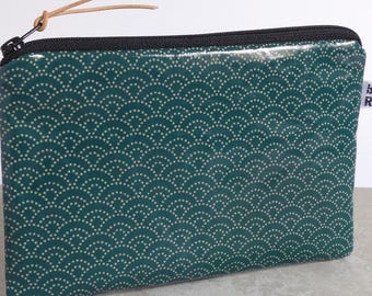 Flat cosmetic bag, makeup bag, Japanese oilcloth, petrol blue with wave pattern, beautiful gift for women and men