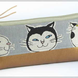 Stiftemäppchen, Schminktasche aus japanischem Stoff mit Katzengesichtern, grau mit Kupfer. Schönes Geschenk für Katzenfans