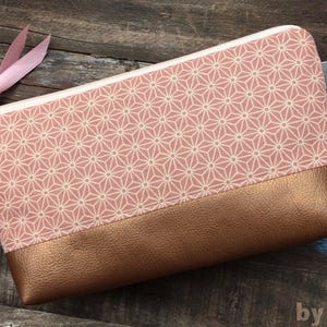 Schminktasche/ Stiftemäppchen mit Sternenmuster aus japanischem Stoff in rosa und kupferfarbenem Kunstleder, schön für die Freundin