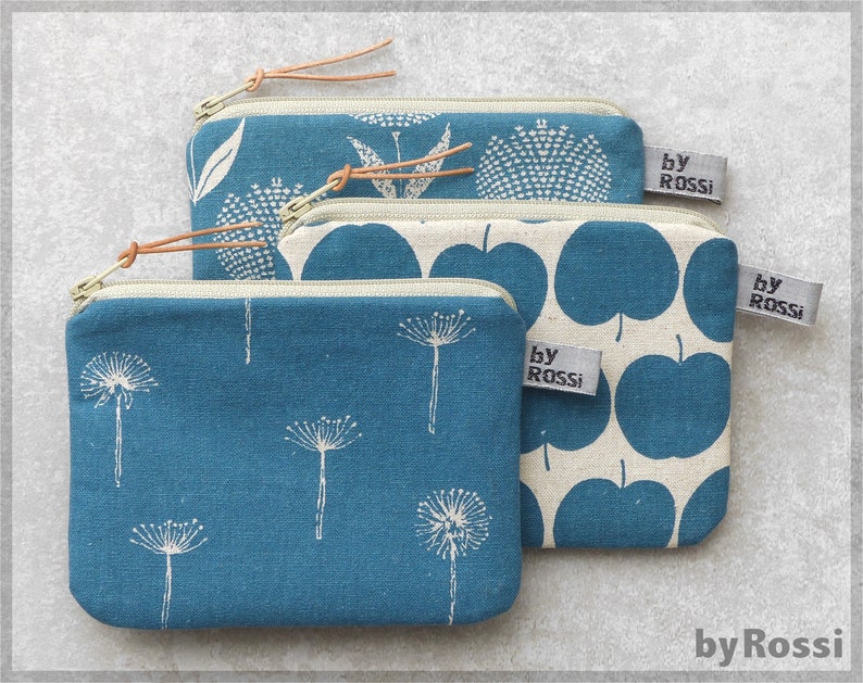 Small bag, purse with dark grey fabric and dandelions made of Japanese fabric, nice gift also for men image 4