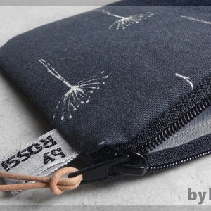 Small bag, purse with dark grey fabric and dandelions made of Japanese fabric, nice gift also for men image 3