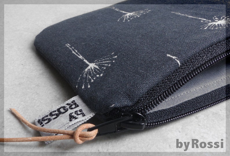 Small bag, purse with dark grey fabric and dandelions made of Japanese fabric, nice gift also for men image 3