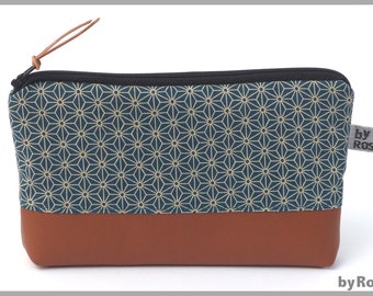 Pencil case, make-up bag in petrol blue made of Japanese fabric and imitation leather, classically beautiful