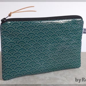 Kosmetiktasche, Schminktäschchen, japanisches Wachstuch, flach, petrolblau mit Wellenmuster, schönes Geschenk für Frauen und Männer