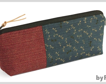 Make-up bag/ pencil case made of Japanese fabrics in red and petrol blue with dragonflies, a nice gift for a friend
