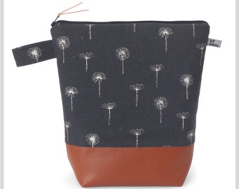 Very large toilet bag in XXL made of Japanese fabric with dandelions in anthracite/grey with oilcloth inside and two inside pockets
