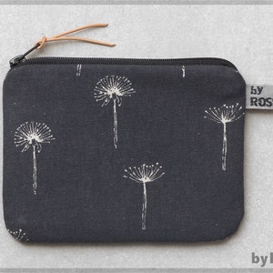 Small bag, purse with dark grey fabric and dandelions made of Japanese fabric, nice gift also for men image 1