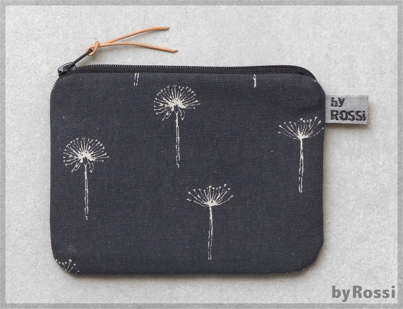 Small bag, purse with dark grey fabric and dandelions made of Japanese fabric, nice gift also for men image 1