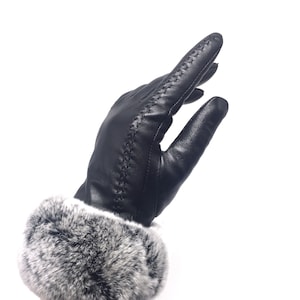 Free Shipping USA)  Women&#39;s Genuine Real Leather Glove / Lamb skin / Real Rex Fur / Rabbit  / Trim /Black / Gray / Stitch