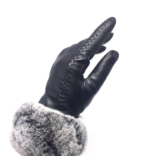 Free Shipping USA)  Women's Genuine Real Leather Glove / Lamb skin / Real Rex Fur / Rabbit  / Trim /Black / Gray / Stitch