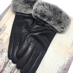 Free Shipping USA)  Women&#39;s Genuine Real Leather Glove / Lamb skin / Real Rex Fur / Rabbit  / Trim /Black / Gray / Ribbon / 04