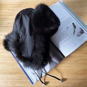 Free Shipping USA) Black Real Fox Fur Nylon Trooper Hat