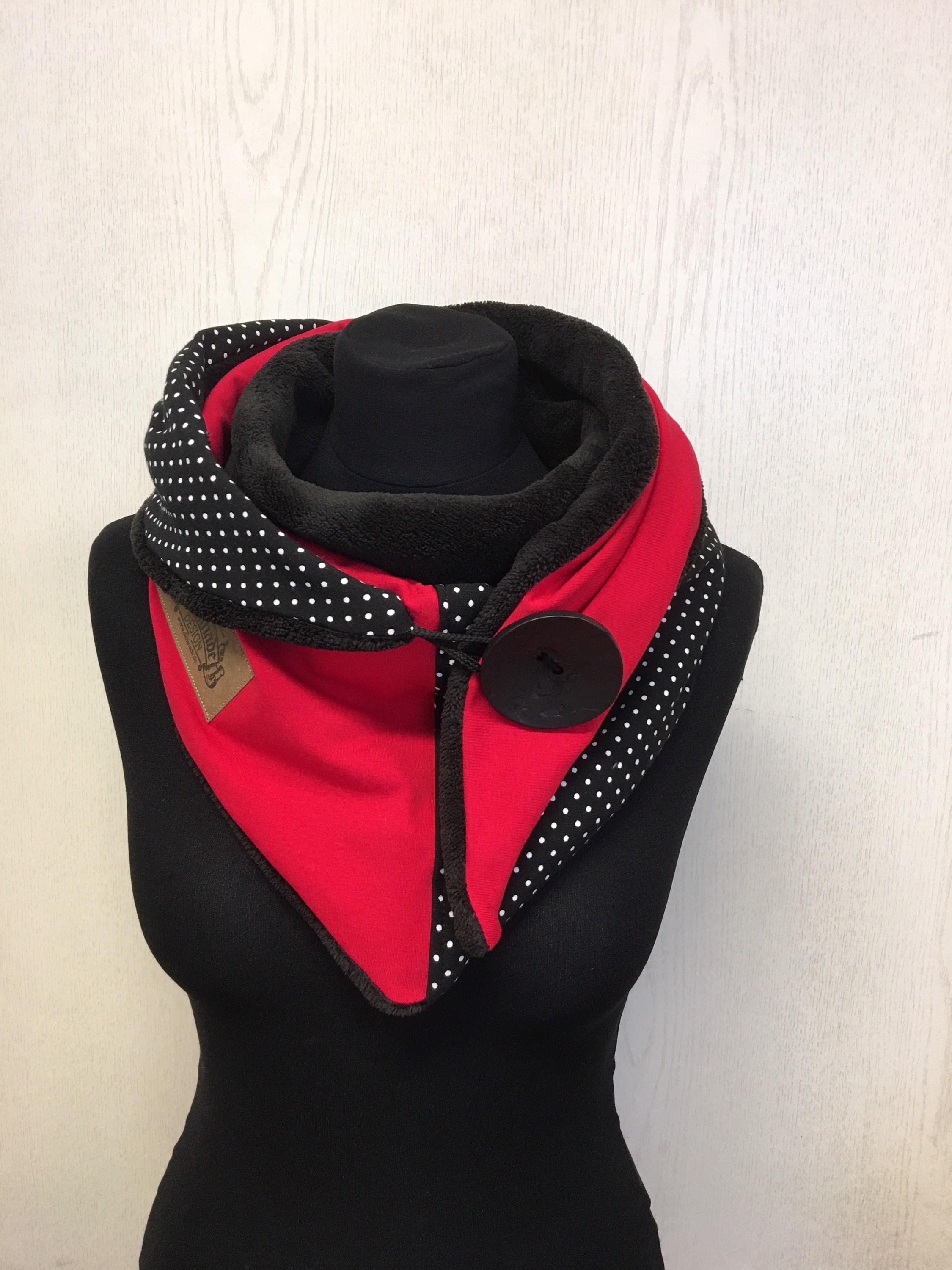 Wrap scarf with button dots black red fleece triangle cloth ladies scarf by delimade  gift