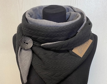 Wrap scarf grey black cable knit gift scarf with button triangular scarf women by delimade