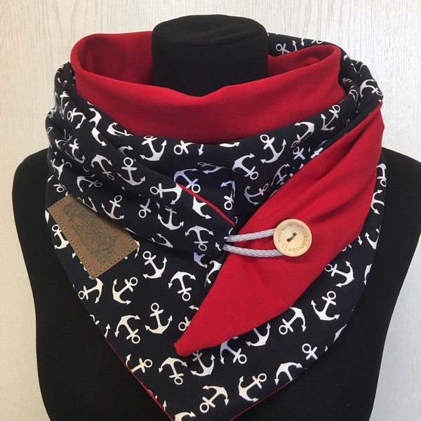 Wickelschal Anker Jersey blau rot mit Knopf von delimade / Dreieckstuch Damen maritim Geschenk Ostern