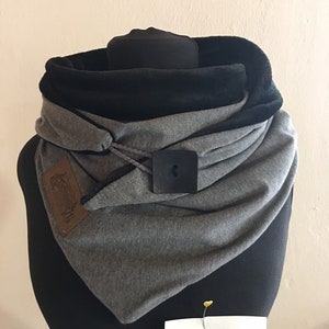 Warm soft scarf with button gray black. Wrap scarf with fleece from Delimade triangular scarf women's gift