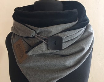 Warmer weicher Schal mit Knopf grau schwarz. Wickelschal mit Fleece von Delimade Dreieckstuch Damen Geschenk