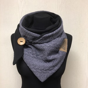 Scarf with button gray black cable pattern knitted gift scarf, Christmas triangular scarf for women from delimade image 1