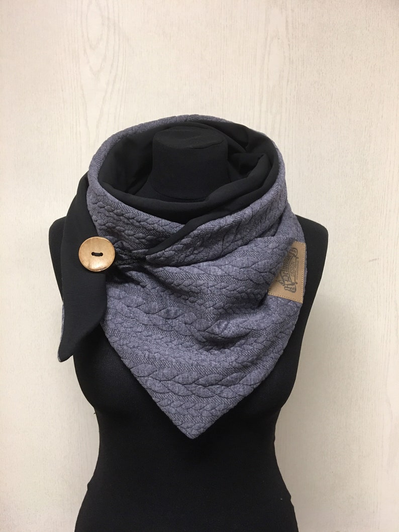 Scarf with button gray black cable pattern knitted gift scarf, Christmas triangular scarf for women from delimade image 1