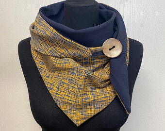 Wrap scarf mustard yellow blue with button from Delimade triangular scarf women's gift Mother's Day button scarf