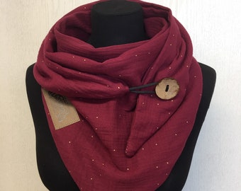 Tuch mit Knopf Musselin weinrot Bordeaux mit Punkte Gold von Delimade Geschenk Muttertag / Dreieckstuch Damen/ delimade