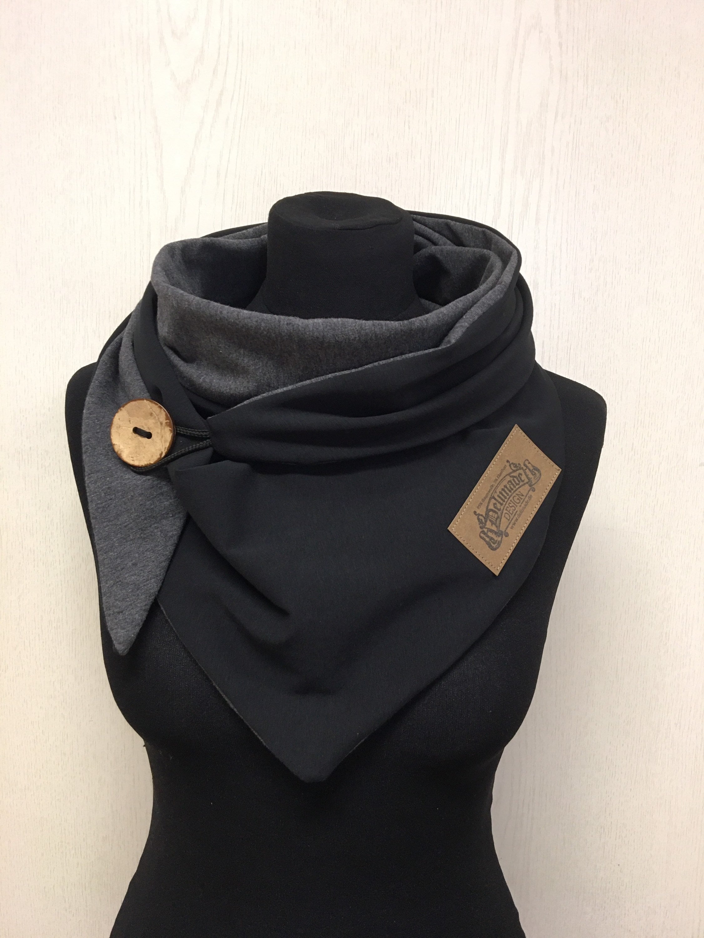 Scarf with button black grey wrap scarf by delimade / gift button scarf