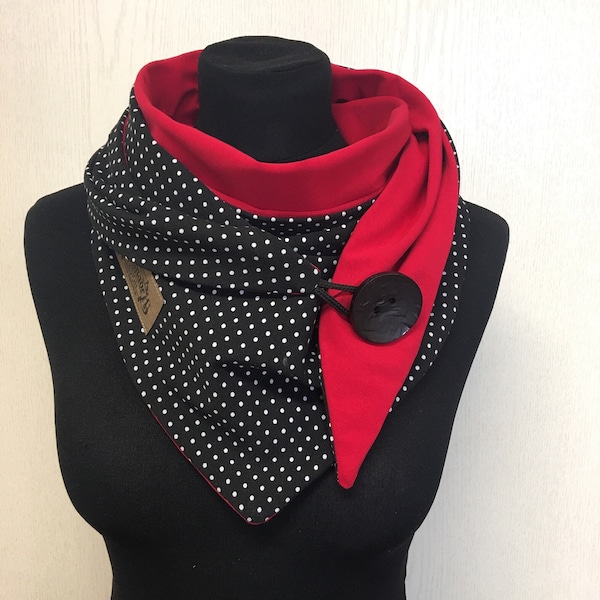 Wrap scarf with button dots black white red from delimade cloth triangular scarf women's gift Mother's Day