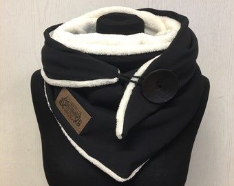 Calda sciarpa avvolgente nera bianca con bottoni e sciarpa con bottoni in pile di sciarpa triangolare delimade, regalo da donna