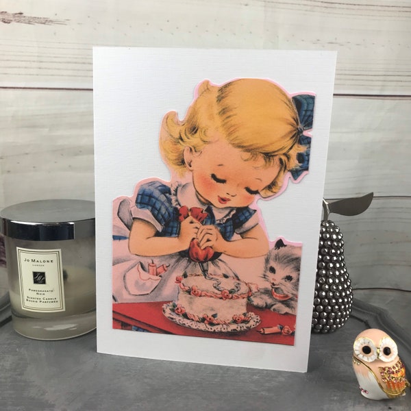 A5 vintage style cute kitsch girl and cat,  kitten greetings card, birthday, thank you, adorable retro image on blank card with envelope