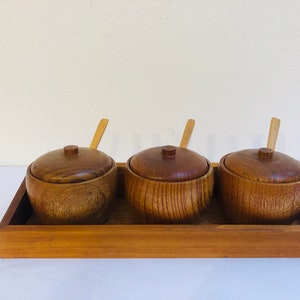 Mid Century Set of three teak cans with tray