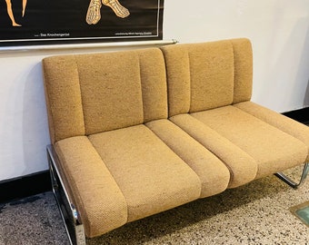 Mid Century Lounge Sofa, Verchromtes Gestell und Wollbezug, Zweisitzer, 1970er Jahre