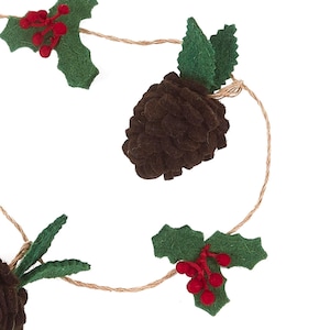 Rustic Woodland Christmas Garland - 6' Handmade Felt & Jute Pinecone Holly Berry Decor
