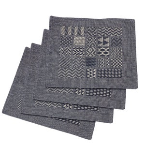 Handwoven Indigo Cotton Placemats - Artisan Blue Block Design Table Mats - Set of 4 Washable 14x19