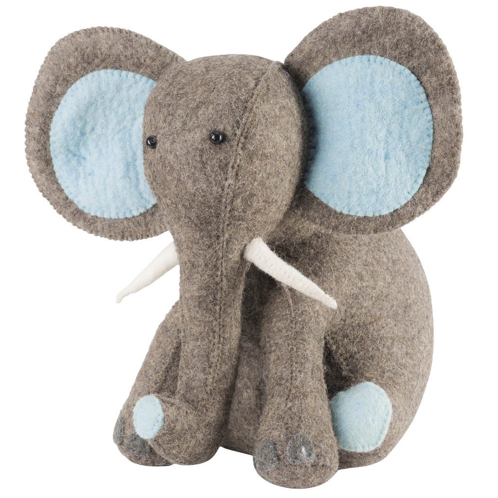Handmade Blue Elephant Wool Doorstop & Bookend - Safari Nursery Decor, Kids Room African Animal Accessory