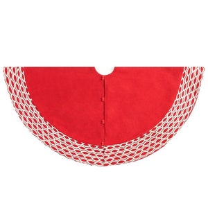 Handmade Christmas Tree Skirt in Recycled Wool - Ovals Border on Red - 60&quot;, Classic, Elegant, Heirloom, Luxurious, Luxe, Large