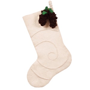 Rustic Christmas Stocking: Cream Wool and Pine Cone Design in Hand Felted Wool, Woodland Christmas, Neutral Holiday Decor