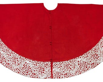 Handmade Red Linen Christmas Tree Skirt: Modern Cream Border, 60 Inch