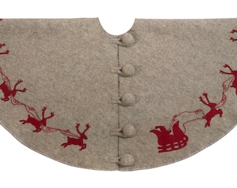 Handmade heirloom hand felted wool Christmas tree skirt. Extra Large 72" (6ft)  Classic Reindeer & Sleigh - Christmas Eve Scene. Grey red