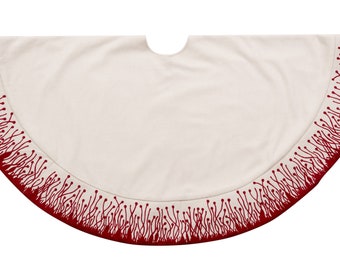 Luxurious 60-inch Flora Christmas Tree Skirt: Handmade Crewel Embroidery on Cream Wool, Elegant Red Design