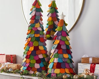 Colorful Pair of Christmas Trees -Set of 2 26" and  38" Handmade Multicolor Felted Wool - Extra Large, Mantle Decor, Rainbow Trees, Mantel