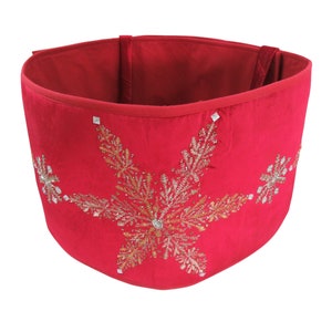 Handmade Adjustable Christmas Tree Collar. Hand Beaded Snowflakes on Red Velvet. Tree stand cover. Tree skirt alternative. Heirloom quality.