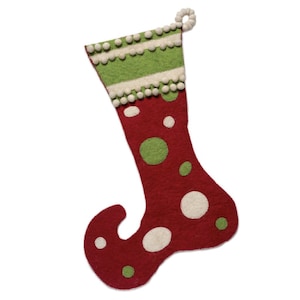 Hand Felted Wool Christmas Stocking - Red and Green Jester, 22&quot;x8&quot;, Kids Christmas, Festive Xmas, Heirloom, Mantel Decor, Xmas decor