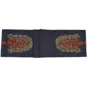 Handmade Navy Silk Table Runner – Tree of Life Embroidery, Beaded Edge