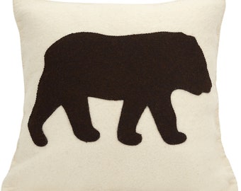 Hand Felted Wool Pillow  - Brown Bear Silhouette on Cream - 20"