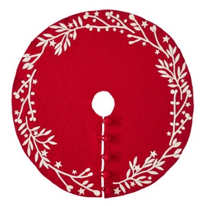 Handmade Tree Skirt in Felt -Branches and Stars on Red - 60&quot;, Classic, Lodge, Cabin, Elegant, Luxury, Heirloom, Luxurious, Large