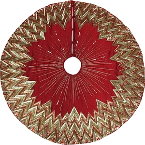 Handmade Christmas Tree Skirt - Hand Beaded Metallic Starburst on Garnet Red- 60&quot;, Elegant, Luxurious, Luxury, Heirloom, Classic, Gold