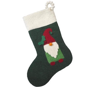 Hand Felted Wool Christmas Stocking - Gnome on Green, 20&quot;x8&quot;, Festive Xmas, Kids Christmas, Heirloom, Xmas mantel, Xmas decor, Kids Stocking