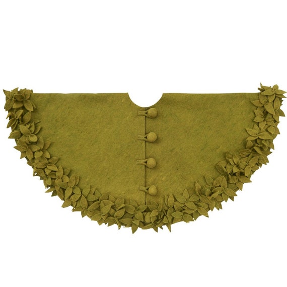Luxurious Hand-Felted Wool Christmas Tree Skirt with Chartreuse Floral Border - 64" Elegant Rustic Design