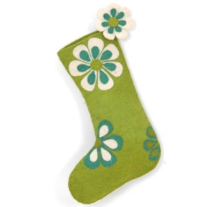 Retro Flower Power Wool Felt Christmas Stocking - Groovy Green Unisex Holiday Mantle Decor